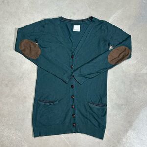 Pull & Bear Sweater Womens Small Green Cardigan V-Neck Long Sleeves Elbow patch